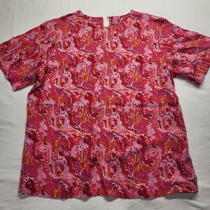 Nordstrom Point Of View Woman’s 100% Silk Pink Red Blouse Size 12 Short Sleeve